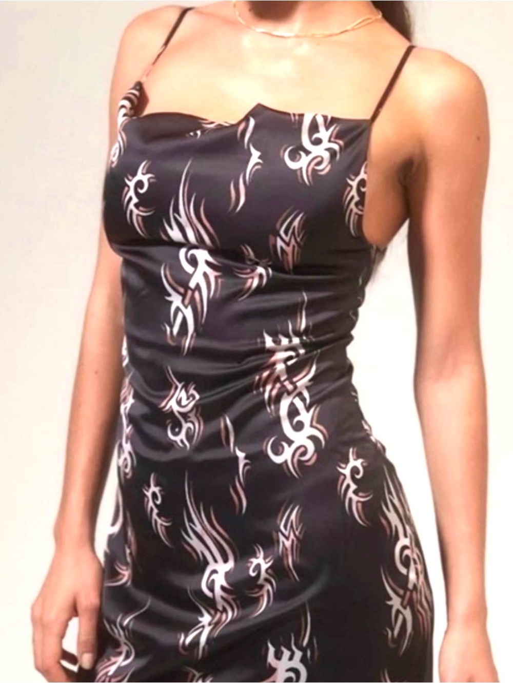 UO Mallory Cowl Slip Dress Mini dress- New Black Satin Flame Tribal Design Sz L - Picture 2 of 9